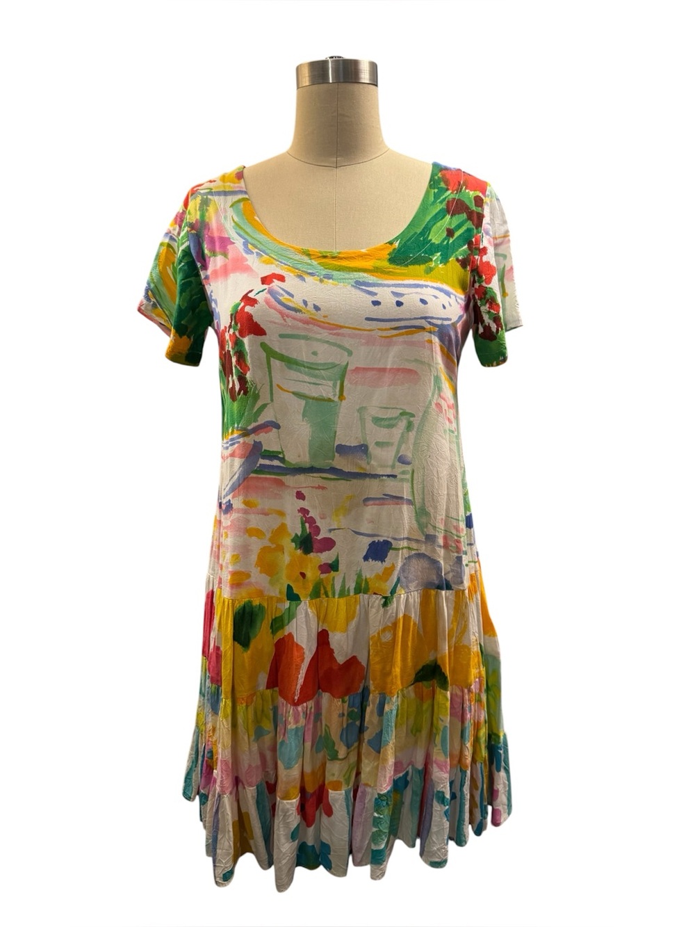 Jam’s World Hattie Dress XS 100% Rayon Hawaiian Art Print Tiered Ruffle Mini